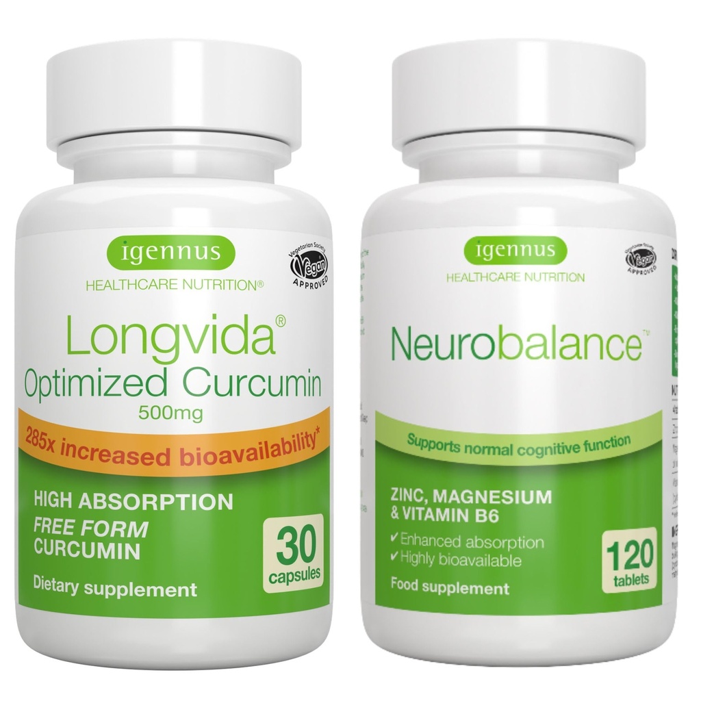 Longvida Curcumin 500mg + Neurobalance High Absorption Zinc Magnesium B6 Vegan Bundle, Ultra Bioavailable Curcumin with Chelated Zinc Picolinate 24mg, Oxide-Free Magnesium, by Igennus