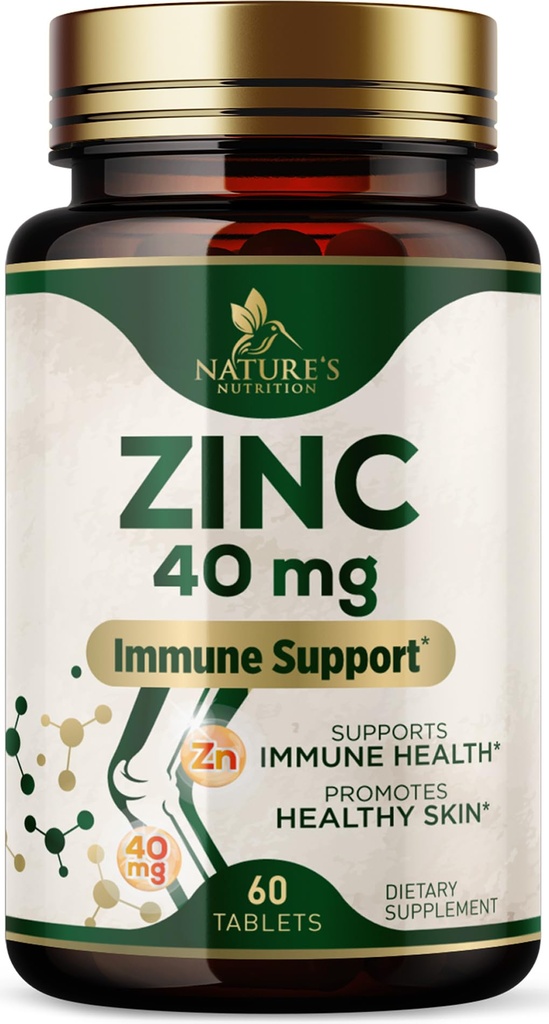Zinc Supplements - High Potency Zinc 40mg Per Tablet - Best Zinc Supplement for Women & Men - Immune System Support & Antioxidant, Promotes Adult Skin Health, Vegan, Bottled in the USA - 60 Tablets