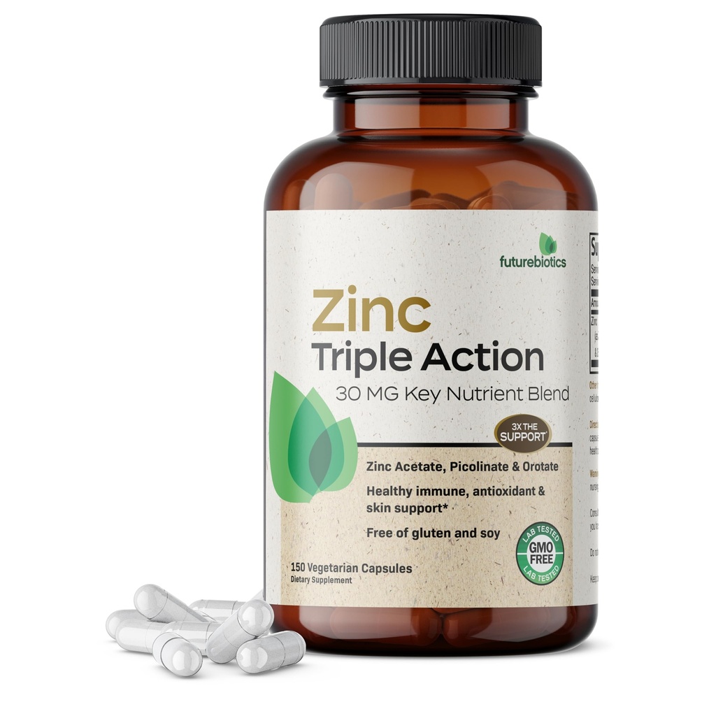 Futurebiotics Zinc Triple Action 30mg Key Nutrient Blend Immune Support Supplement with Zinc Acetate, Picolinate & Orotate - Immune, Antioxidant & Skin Health Support - 150 Vegetarian Capsules