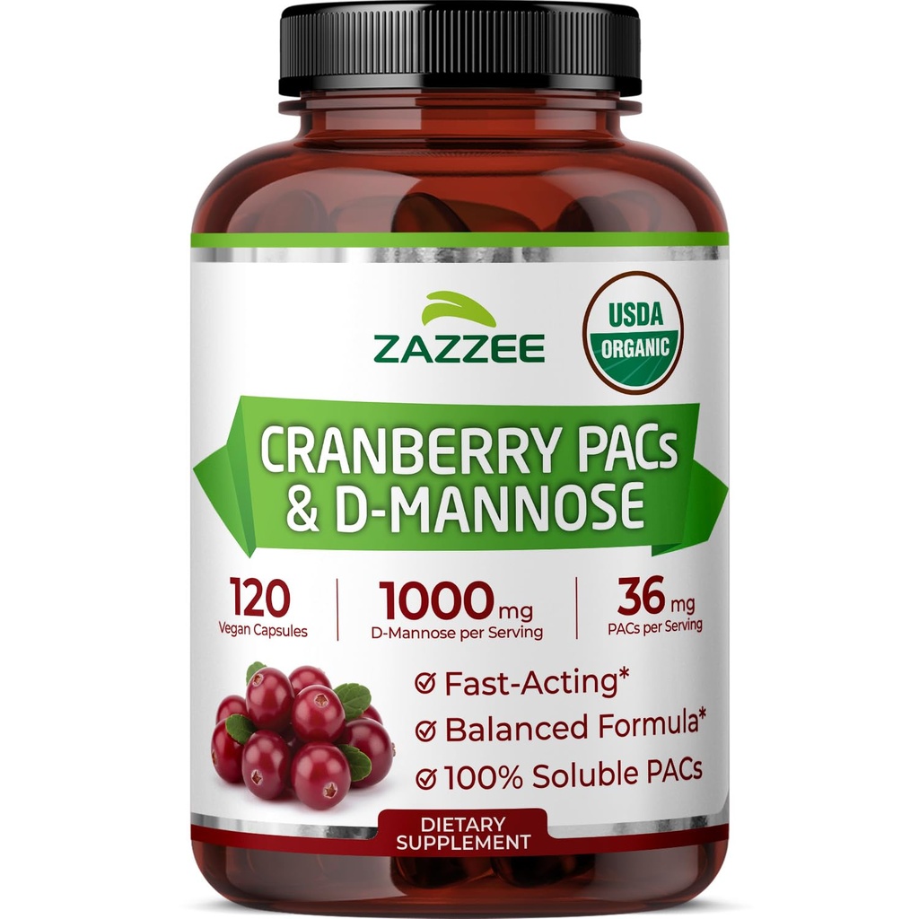 Zazzee USDA Organic Cranberry PACs & D-Mannose, 36 mg PACs per Serving, 1000 mg D-Mannose per Serving, 120 Vegan Capsules, 2 Month Supply, Urinary Tract & Bladder Support, Non-GMO, Made in the USA