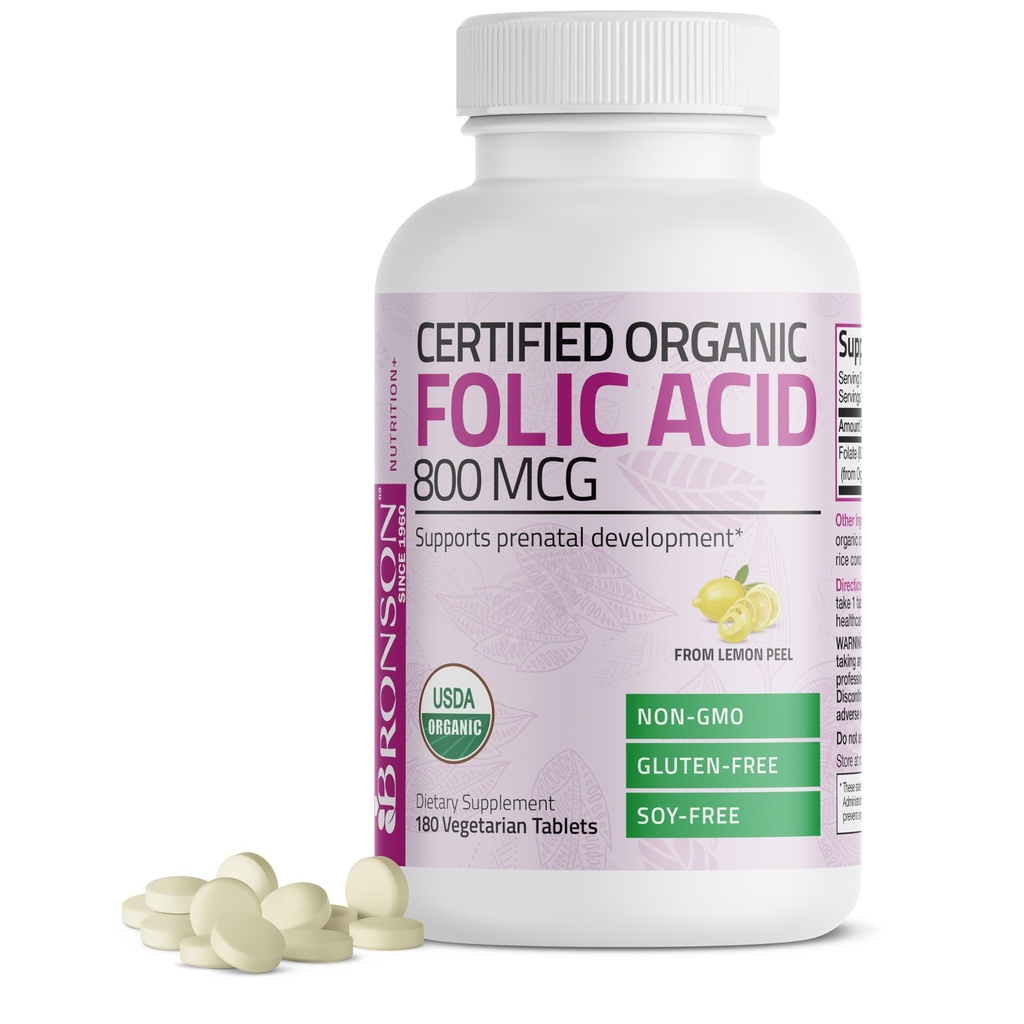 Bronson Organic Folic Acid (Vitamin B9 Folate) 800 mcg Folate from Lemon Peel, 180 Tablets