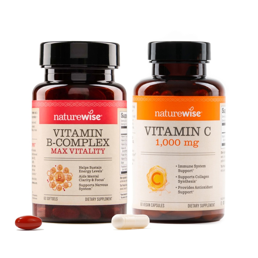 NatureWise B Complex Vitamins with Folic Acid 60 Count + Extra Strength Vitamin C 1000mg Capsules 60 Count - Bundle for Immune, Energy Levels, Heart Health Support - Soy, Dairy, Gluten Free, Non-GMO