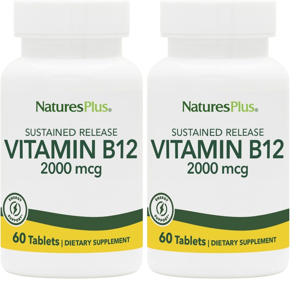 NaturesPlus Vitamin B12 (Methylcobalamin), Sustained Release - 2000 mcg, 60 Vegetarian Tablets - High Potency Red Blood Cell Support - Natural Energy Booster - Gluten-Free - 60 Servings (Pack of 2)
