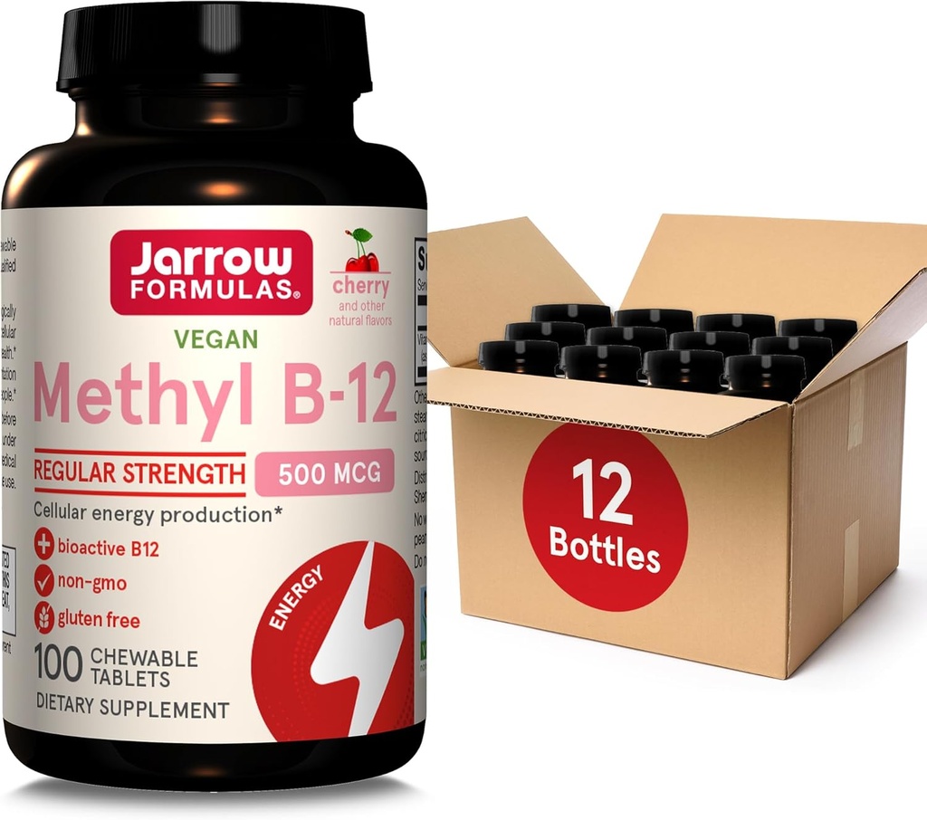 Jarrow Formulas Τακτική δύναμη Methyl B-12 500mcg, συμπλήρωμα διατροφής για την παραγωγή ενέργειας κυττάρων και την υποστήριξη της υγείας του εγκεφάλου, 100 Cherry-Flavored μασώμενα δισκία, 100 ημέρα προσφοράς, πακέτο των 12
