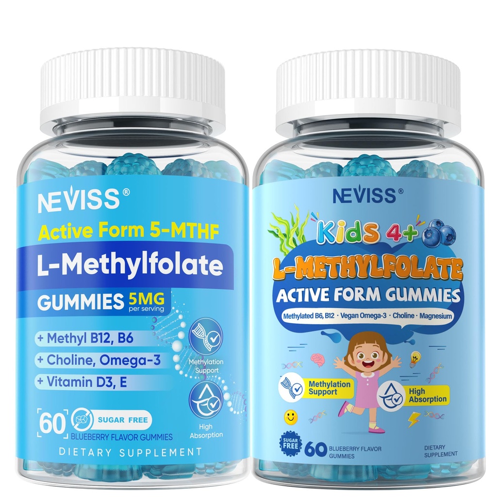 NEVISS L Methylfolate 5mg Gummies & Methyl B12 B6 for Adults and L Methylfolate 1000mcg for Kids Teens Gummies + Methyl B6 B12
