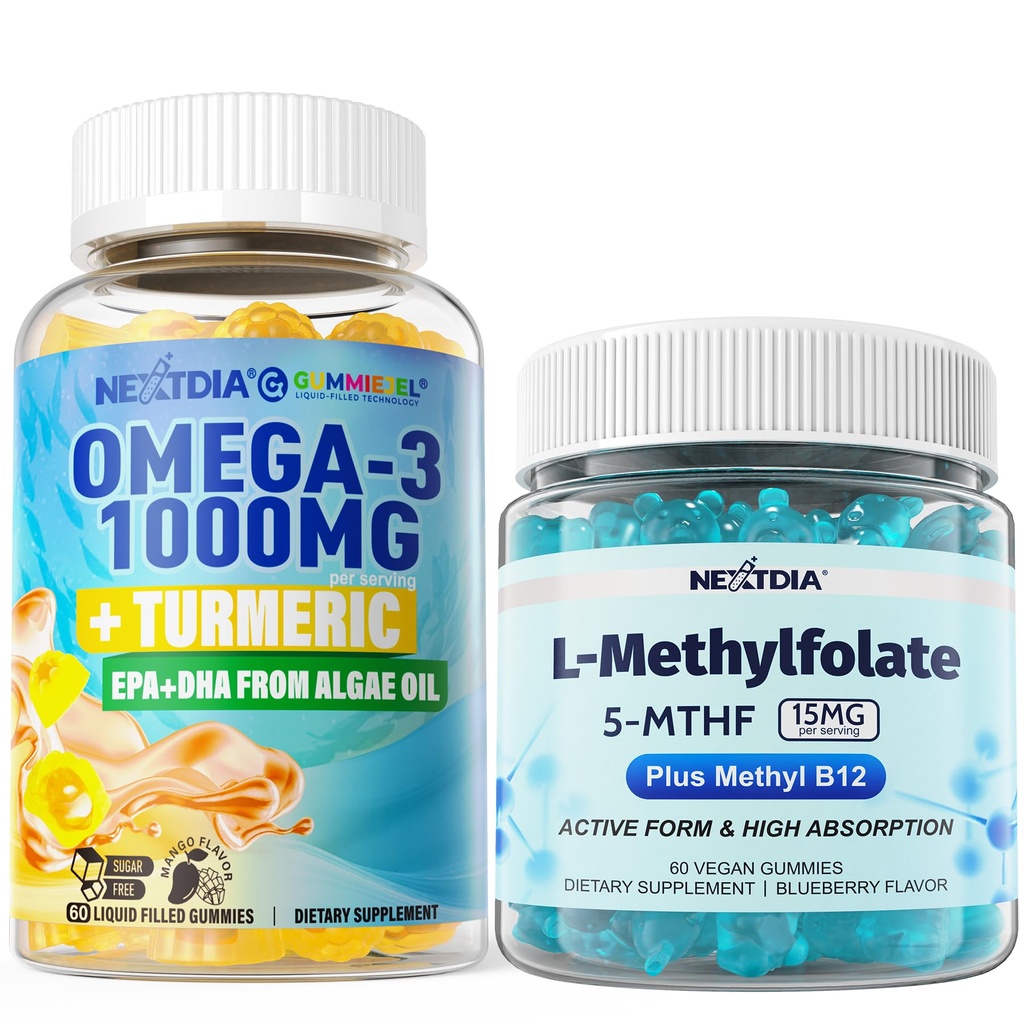 Nextdia L-MethylFolate 15mg & Methyl B12, Omega 3 Gummies, 2 Pack