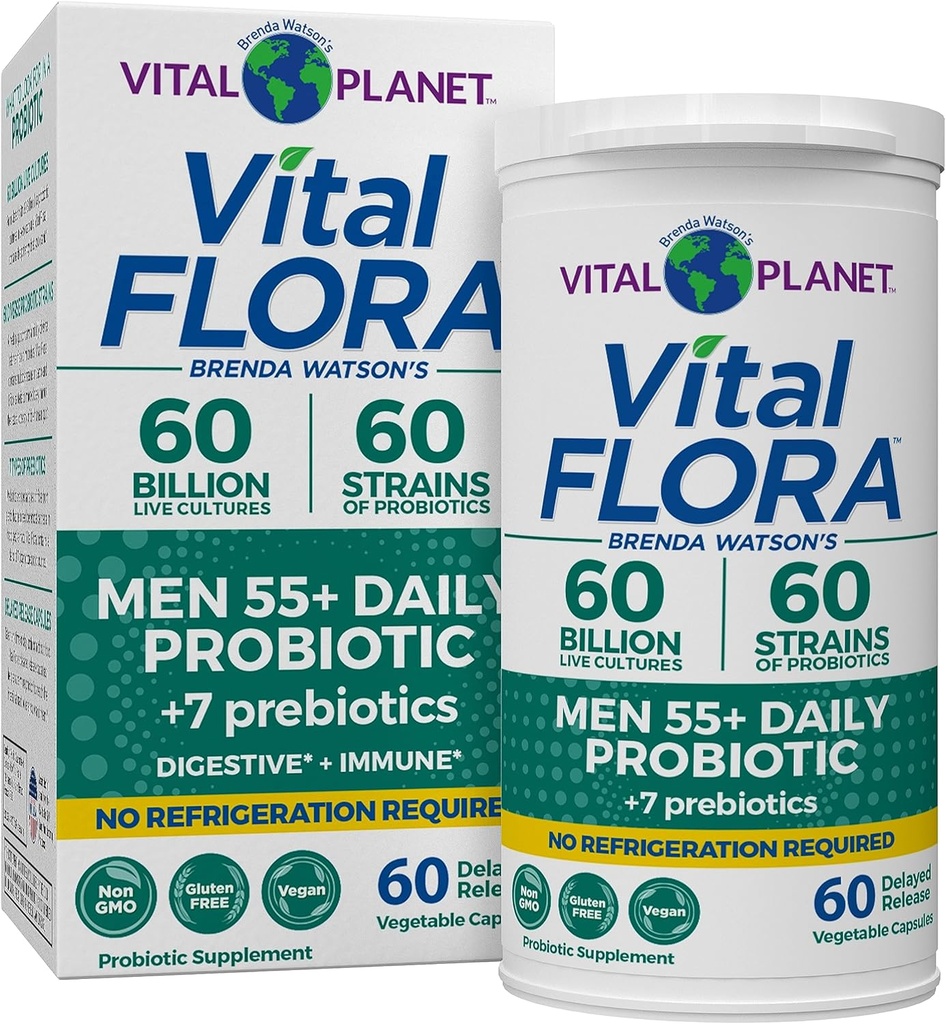 Vital Planet - Vital Flora Άνδρες Πάνω από 55 Daily Probiotic, 60 Billion CFU, Diverse Strains, Organic Prebiotics, Immune Support, Digestive Health Ράφιστα Σταθερά Προβιοτικά για Άνδρες, 60 Κάψουλες