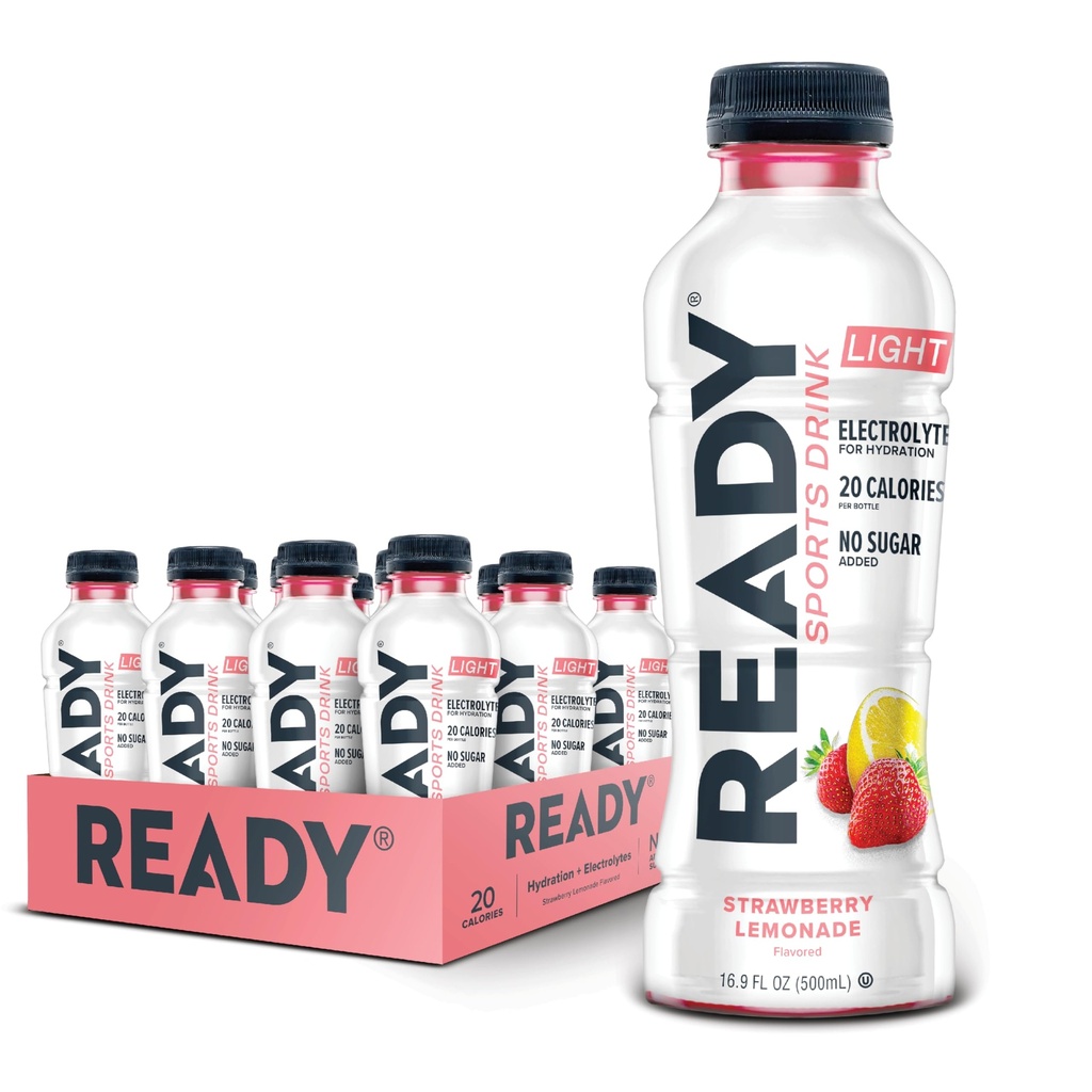 Ready Sports Drink Light, Strawberry Lemonade, 16.9 fl oz, 12 Pk | Naturally sweetened hydration drink with 4 electrolytes and B vitamins; 16.9 fl oz bottles for ages 8 and up
