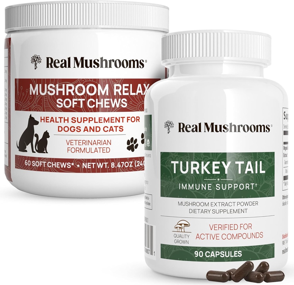 Real Mushrooms Turkey Tail for Humans (90ct) & Mushroom Pet Relax Chews (60 Chews) - Bundle for Immunity & Relaxation - Vegan, Non-GMO, Gluten-free, Grain-Free Mushroom Extract Συμπληρώματα