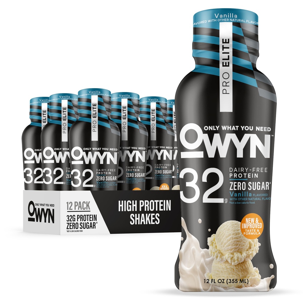 OWYN Only What You Need Pro Elite Vanilla Flavored Protein Shake, 32g Protein, 0g Sugar, High Protein, Dairy Free, Gluten Free, Plant Based Protein Drink, 12 Count