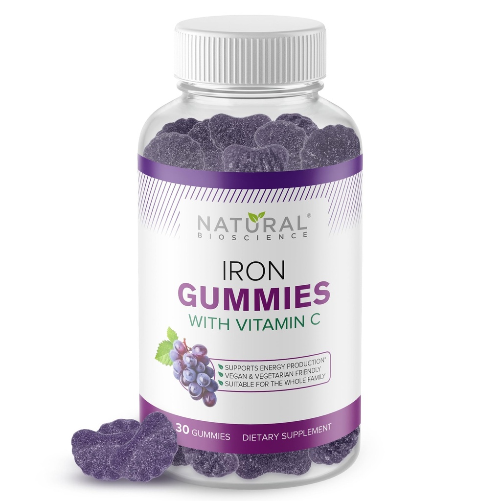 Iron Gummies with Vitamin C for Adults & Kids - Chewable Iron Supplement for Iron Deciency Anemia, Red Blood Cell Support, Energy, Immune Function, Brain Health, Max Absorpation, Grape Flavor, Vegan