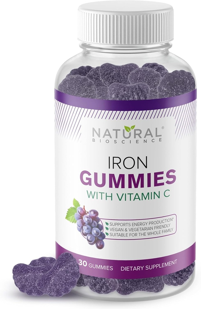 Iron Gummies with Vitamin C for Adults & Kids - Chewable Iron Supplement for Iron Deciency Anemia, Red Blood Cell Support, Energy, Immune Function, Brain Health, Max Absorpation, Grape Flavor, Vegan