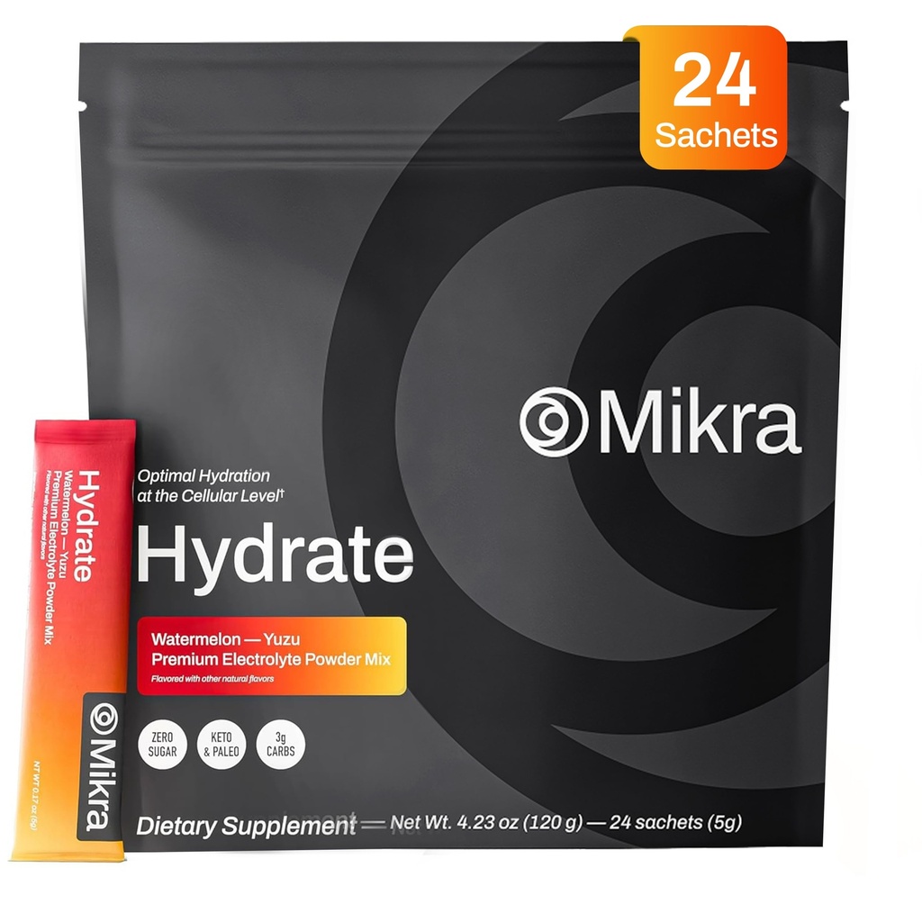 Mikra Hydrate Electrolytes Powder Packets, Sugar Free Hydration Powder Sticks, Naturally Flavored Electrolyte Drink Mix for Needed Hydration Support, Daily Wellness & Workout, Watermelon Yuzu, 24 Pack