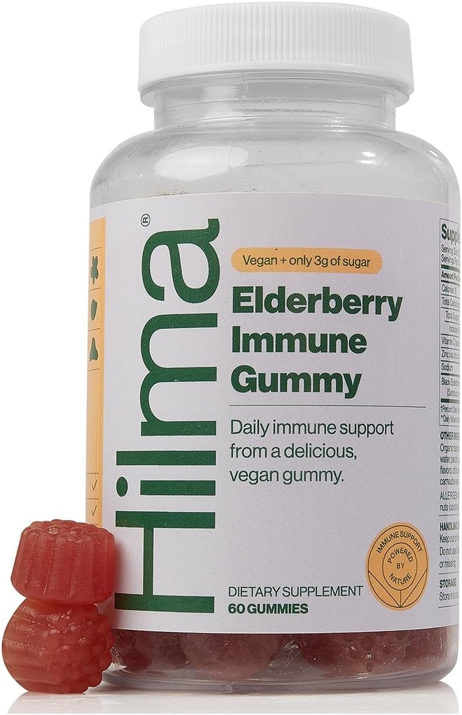 Hilma Elderberry Gummies Formulated with Vitamin C & Zinc, φυσικό, Vegan, κλινικά αποδεδειγμένα συστατικά, συμπλήρωμα υποστήριξης του ανοσοποιητικού Plus Αντιοξειδωτικά, Φυσική γεύση μούρου (60 Gummies)