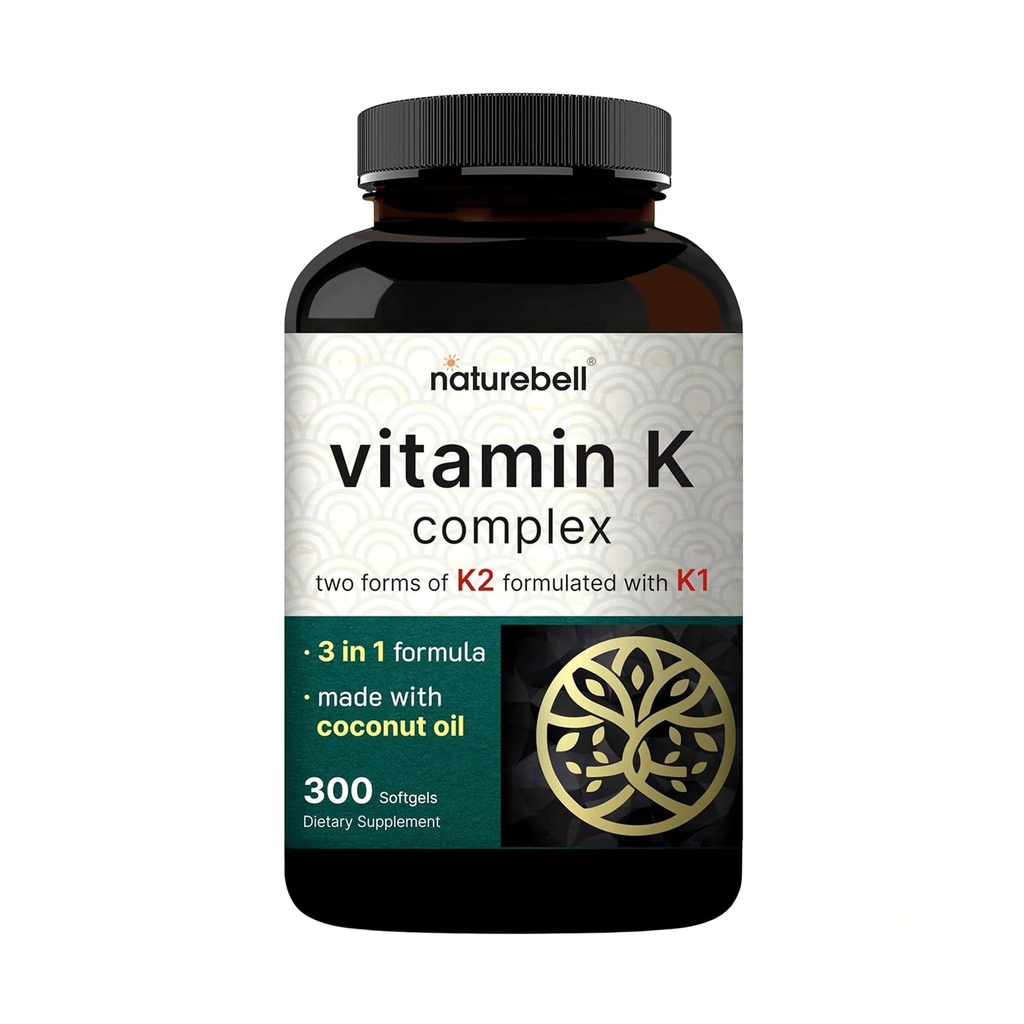 NatureBell Vitamin K Complex - 300 Softgels - Παραδίδει 2.600mcg Βιταμίνη K - πλήρες συμπλήρωμα υποστήριξης οστών & καρδιάς φασμάτων - υψηλή απορρόφηση K1 & K2 MK-4 & MK-7*