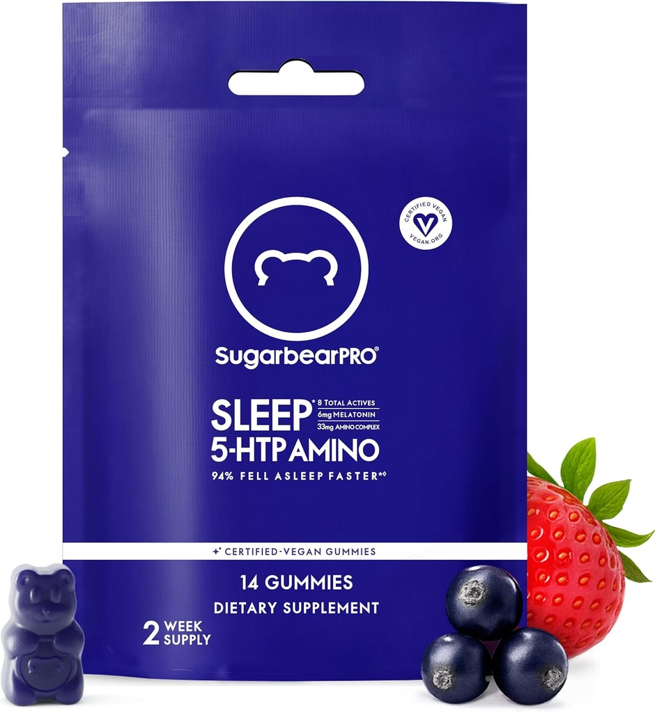 SugarBearPro Gummy ύπνου 14 ημέρα προσφοράς, επιπλέον δύναμη μελατονίνης 6mg, για άνδρες & γυναίκες, Vegan βιταμίνη B6, L-Θεανίνη, 5 HTP, Βαλεριάνα, Βοήθεια ύπνου για ενήλικες & εφήβους, Certified Kosher