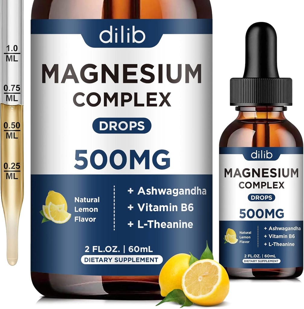 Magnesium Glycinate Liquid Drops, Triple Magnesium Complex Supplement with Citrate, Malate 500mg Ashwagandha, L-Theanine, Vitamin B6 for Sleep, Calm, Stress Relief, Bone, Muscle, Mood - Lemon Flavor