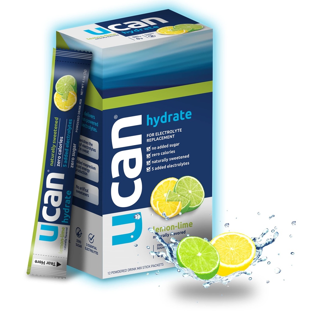 UCAN Hydrate Packets, Lemon-Lime, 12 Count (1.27 Ounce), Keto, Sugar-Free Electrolyte Replacement for Men & Women, Non-GMO, Vegan, Gluten-Free, Great for Runners, Gym-Goers, High Performance Athletes