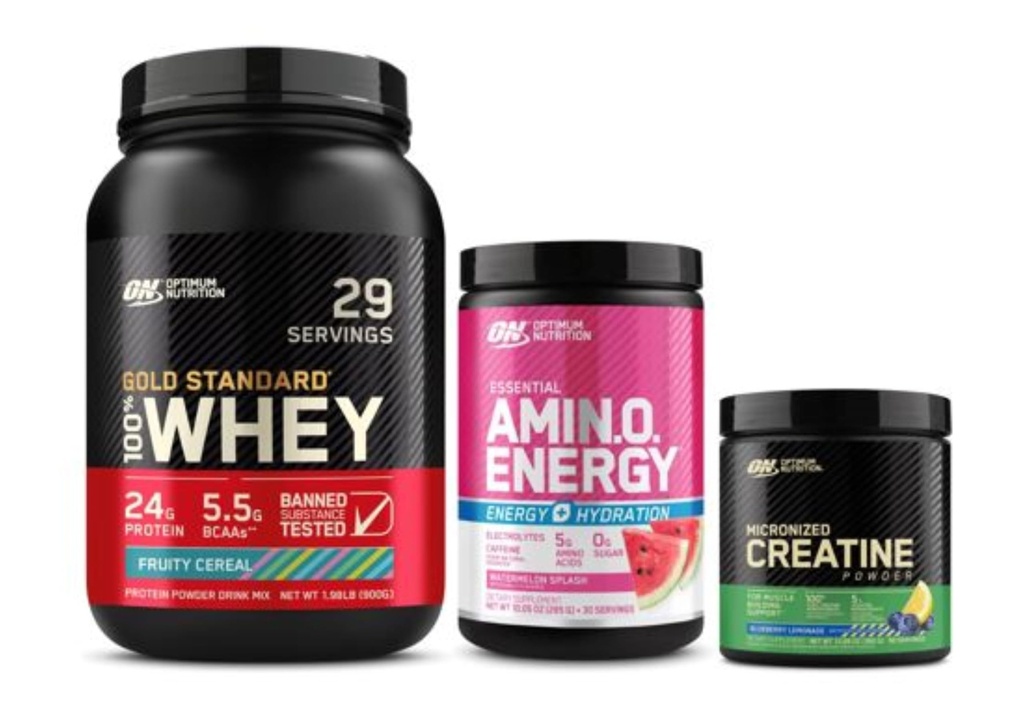 Optimum Nutrition Performance Nutrition Bundle: Amino Energy Plus Hydration Watermelon Smash (30 Serv), Creatine Monohydrate Blueberry Lemonade (60 Serv), & Gold Standard Whey Fruity Cereal (29 Serv)