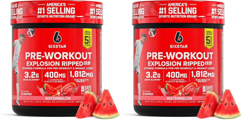 Six Star Pre-Explosion, Watermelon (30 Services)-Preworkout Energy Powder Supplement for Men&Women-Pre Workout Drink Mix with Creatine&Beta Alanine-Sports Nutrition Products, (Pack of 2)