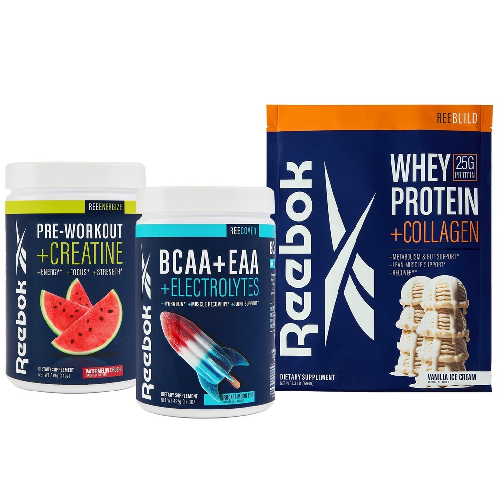 Reebok Performance System Bundle | REEenergize Pre-Workout, REEcover BCAA + EAA, REEbuild Whey + Collagen | Complete Athletic Performance System