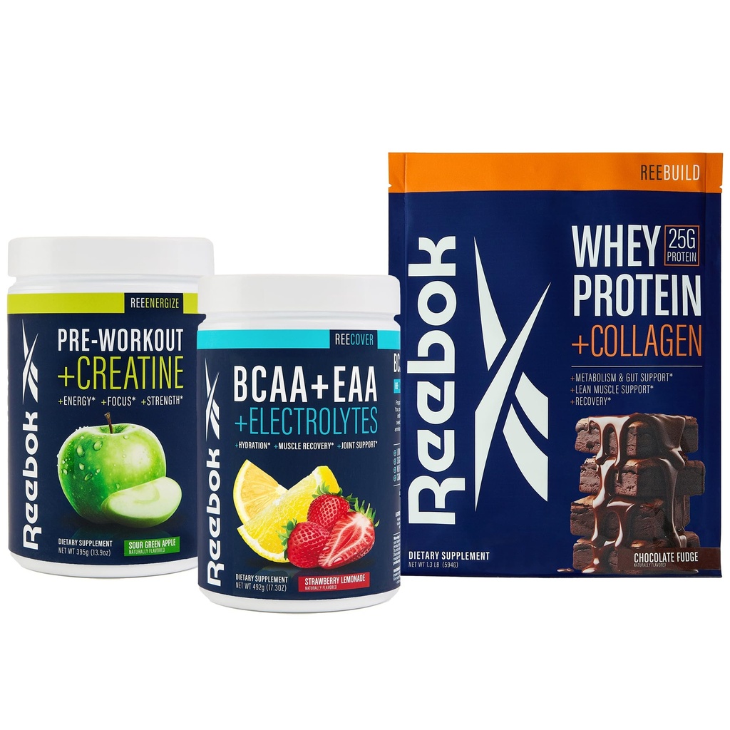 Reebok Performance System Bundle | REEenergize Pre-Workout, REEcover BCAA + EAA, REEbuild Whey + Collagen | Complete Athletic Performance System