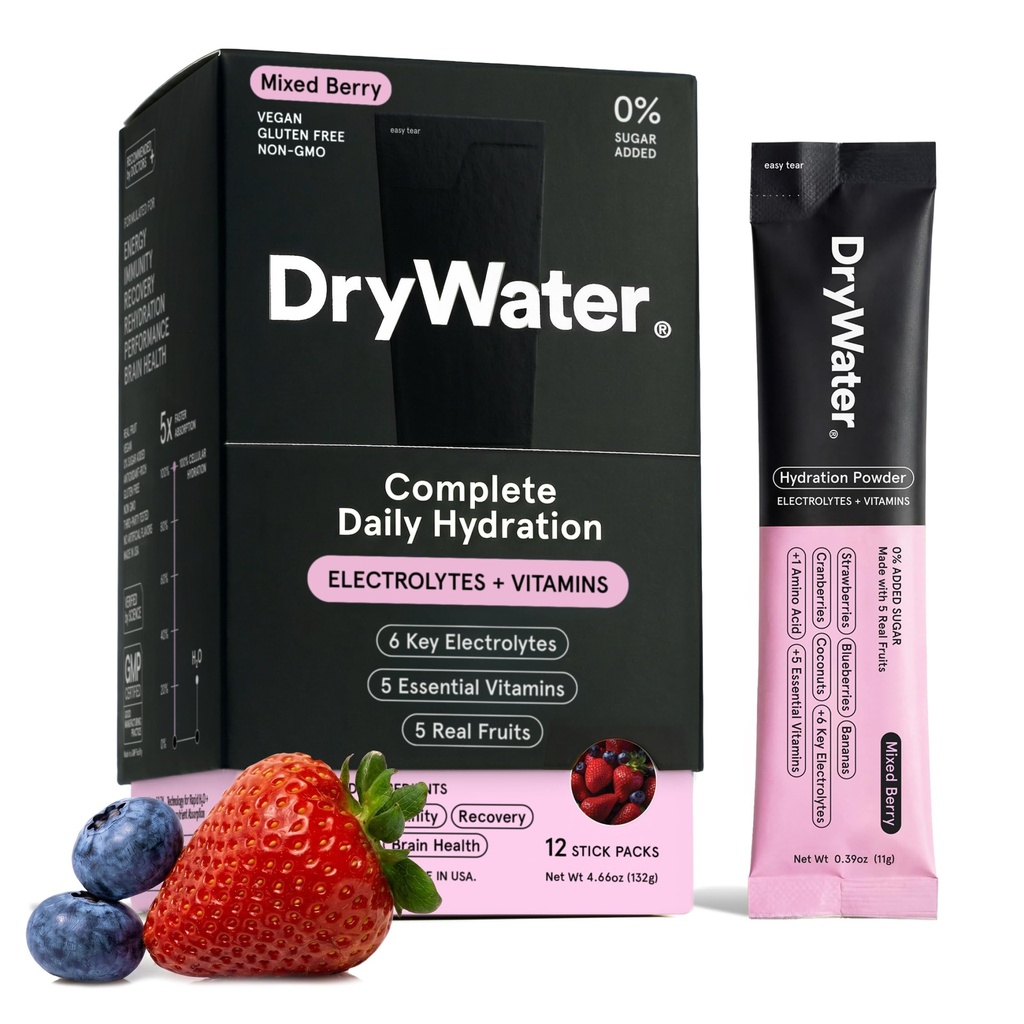 DryWater® Electrolyte + Vitamin Hydration Powder Packets – Mixed Berry, 1,000mg Potassium, Real Organic Fruit, NSF Certified for Sport, Nothing Artificial, No Added Sugar (12 Stick Packs)