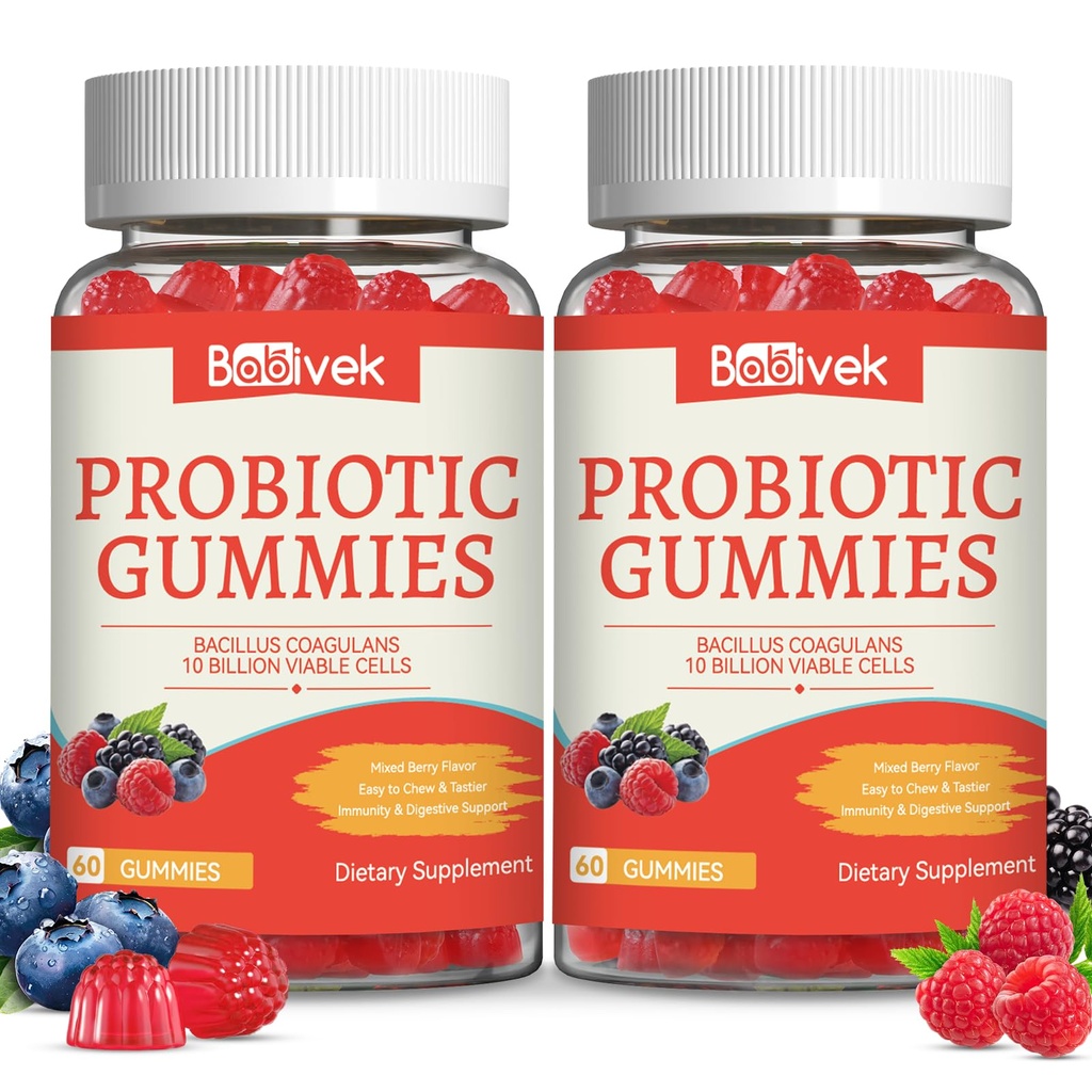 Probiotic Gummies 10 Billion CFU, Bacillus Coagulans for Digestive & Immune Support, Vegan, Non-GMO, Strawberry & Mixed Berry Flavor, 60 Count(Pack of 2)