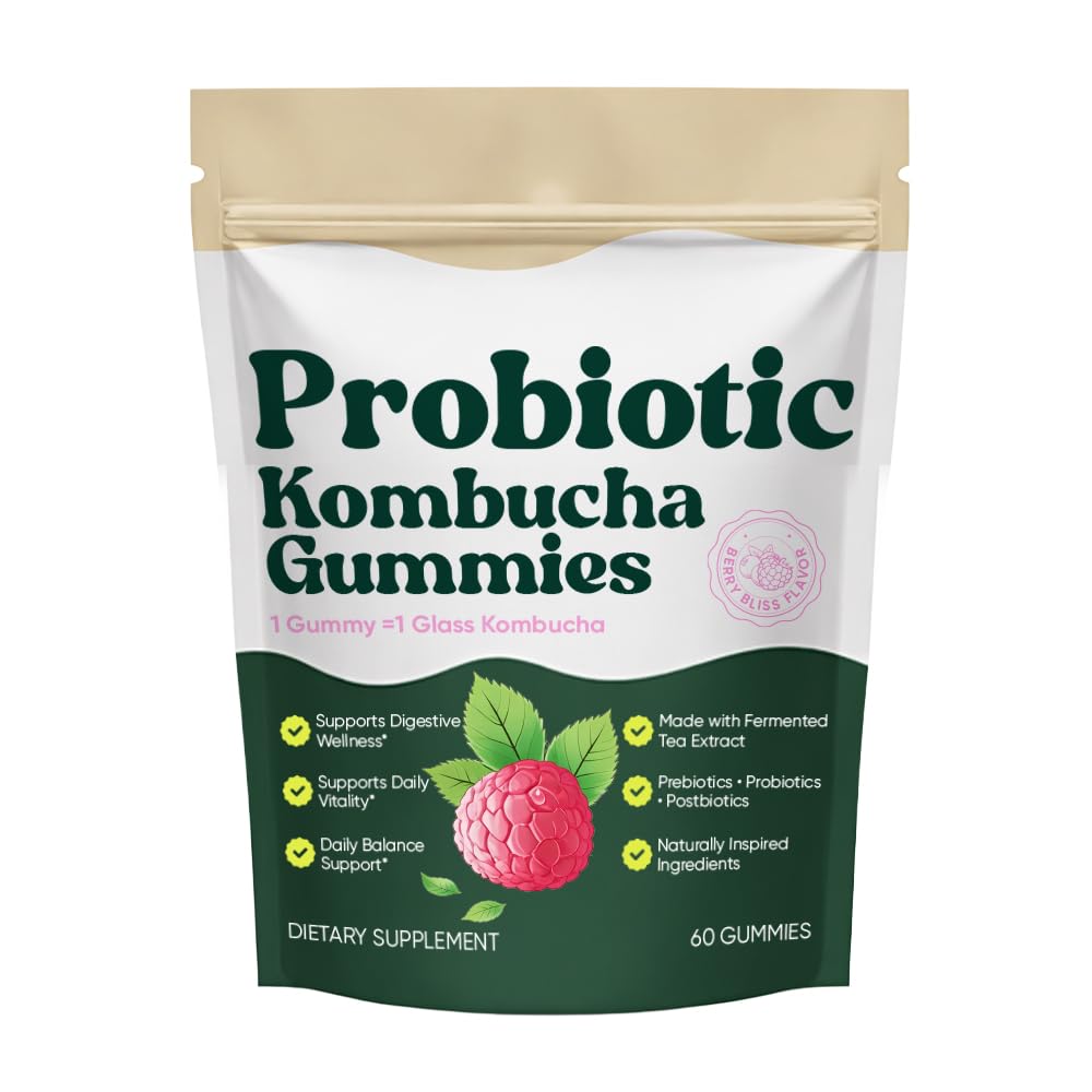 Probiotic Kombucha Gummies with Prebiotics, Probiotics & Postbiotics – Digestive & Gut Health Support – Daily Balance, Bloating Comfort & Microbiome Support – Vegan, Non-GMO, 60 Gummies