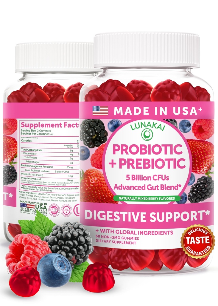 Lunakai USA Made Prebiotic + Probiotic Gummies for Women and Men - High Potency 5 Billion CFUs with Fibers - Non-GMO Gut Health Support 60ct