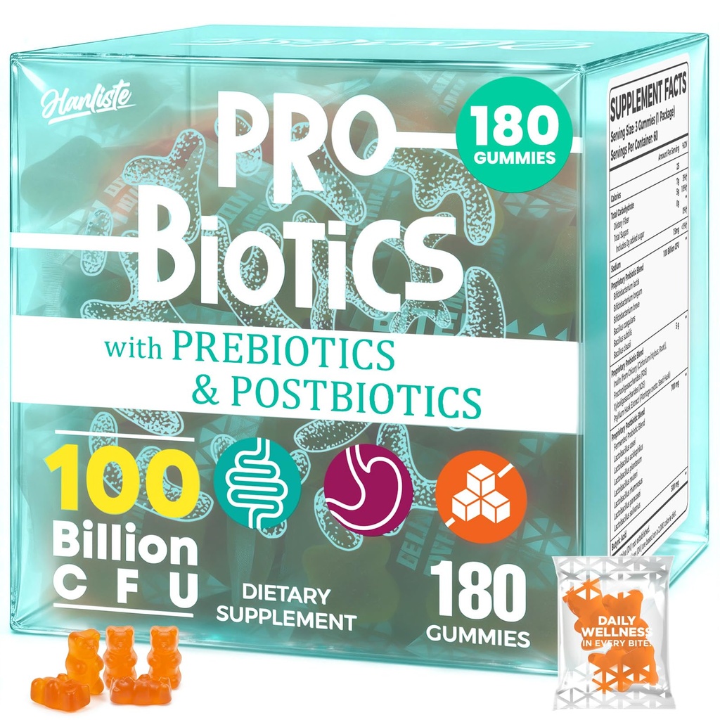 (180 Count) Probiotic Gummies, 19 in 1 Prebiotics Postbiotic Probiotic Gummies, 100 Billion CFU Probiotics for Women Men, Complete Immune, Gut & Digestive Support*, Sugar Free, Vegan