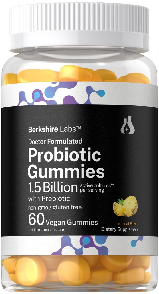 Horbäach Probiotic Gummies 1.5 Billion CFU | 60 Count | with Prebiotic for Women and Men | Tropical Flavor | Doctor Formulated | Vegan, Non-GMO & Gluten Free | Berkshire Labs