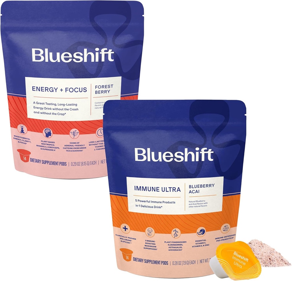 Blueshift Ενέργεια + Focus & Immune Ultra Bundle - Ενεργειακά Πόδια Ποτού, Ανοσοποιητική Υποστήριξη Σκόνη, Μείγματα Ποτού για την Ενέργεια & Ανοσολογική Άμυνα, Συμπλήρωμα Βιταμίνης - Ενέργεια+Focus (14 Pack) & Ανοσοποιητικό Ultra (14 Pack)