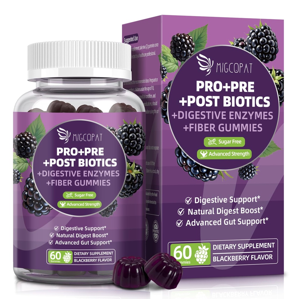 Migcopat Pre Post Probiotics Gummies, Probiotic Prebiotic Postbiotic Digestive Enzymes with Fiber, 120 Billion CFU Probiotics Complete Gut Support, Sugar Free, Vegan, BlackBerry Flavor, 60 Cts