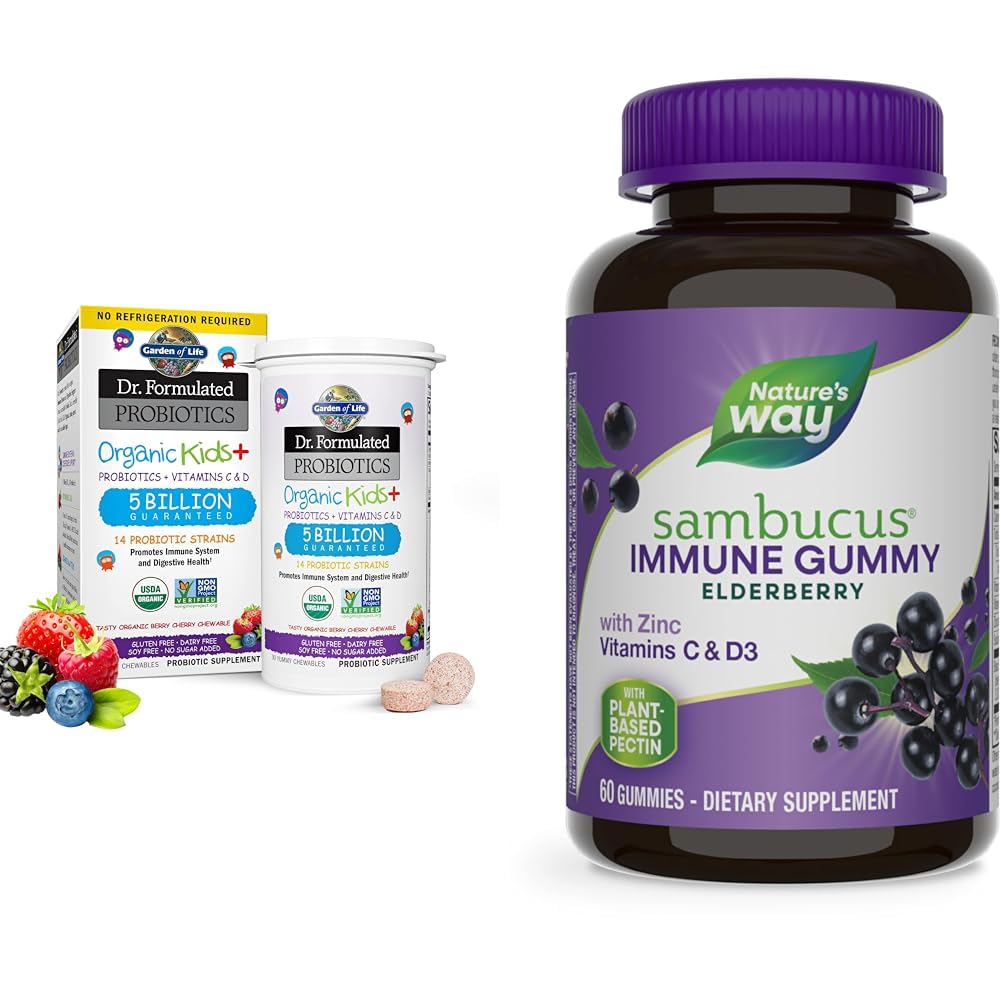 Garden of Life Dr. Formulated Probiotics Organic Kids+ Plus Vitamin C & D - Berry Cherry - Gluten & Nature's Way Sambucus Elderberry Immune Gummies