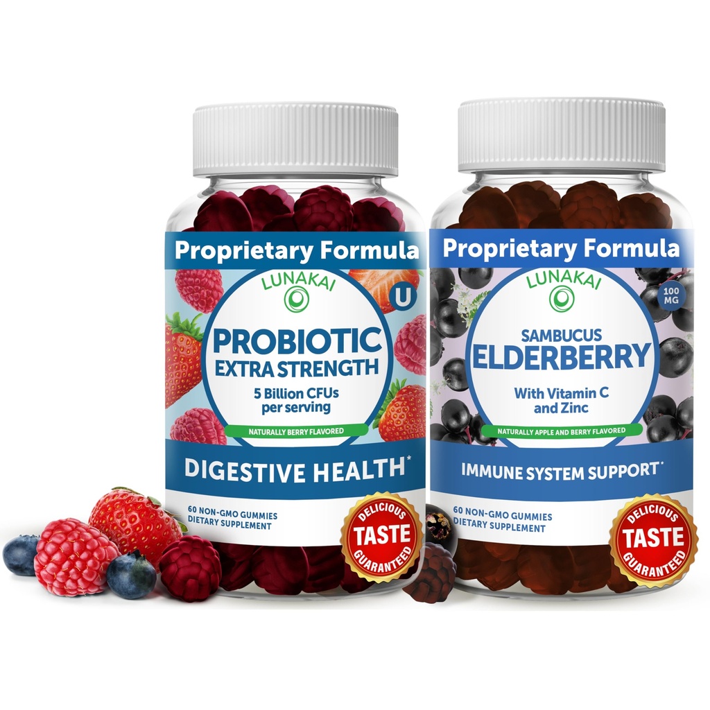 Lunakai Elderberry & Probiotic Gummies Bundle - Immune Support with Zinc and Vitamin C Plus 5 Billion CFUs Per Serving for Digestive Gut Health - Non-GMO, All Natural Gummy