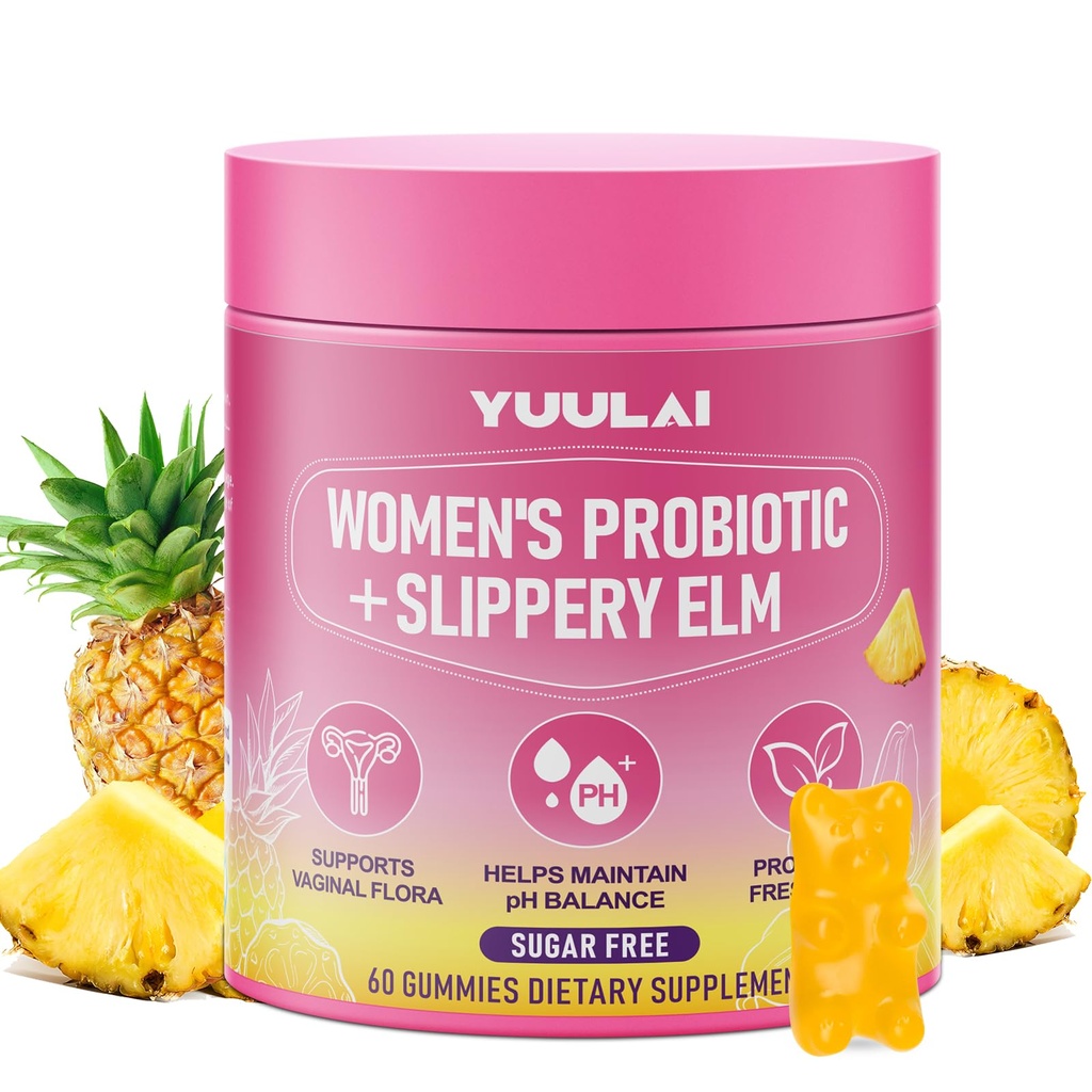 Women's Probiotic Slippery Elm Gummies - Her Juicy Probiotics Gummies for Supports pH Balance, Gut Health & Immune System, Pineapple Flavor, 60 Count
