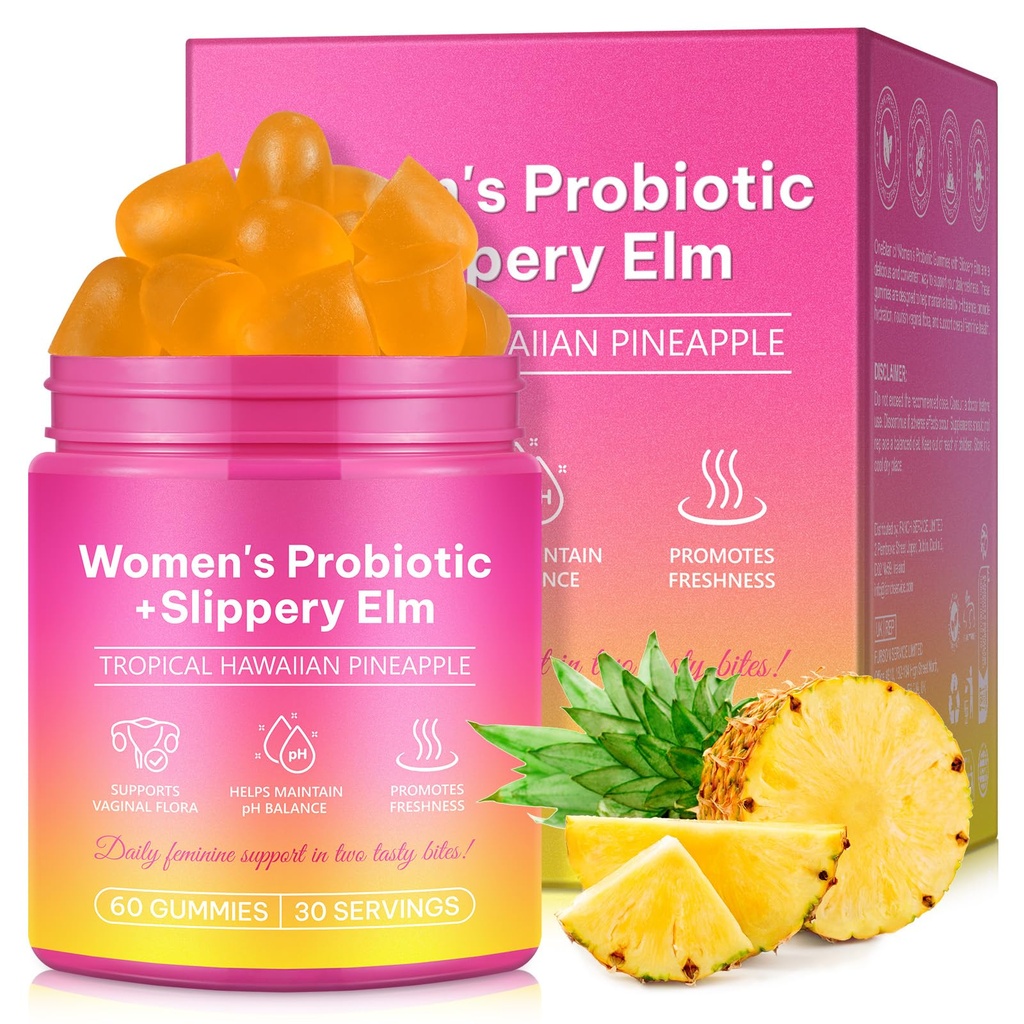Women's Probiotic Gummies with Slippery Elm — Supports pH Balance, Gut Health & Immune System, Promotes Vaginal Health — Vegetarian, Natural Pineapple Flavor, 60 Gummies