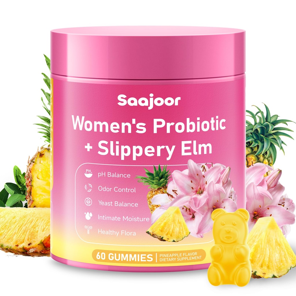 Women Probiotic Slippery Elm Gummies - Supports pH Balance, Digestive & Immune Health, Natural Pineapple Flavor, 60 Count