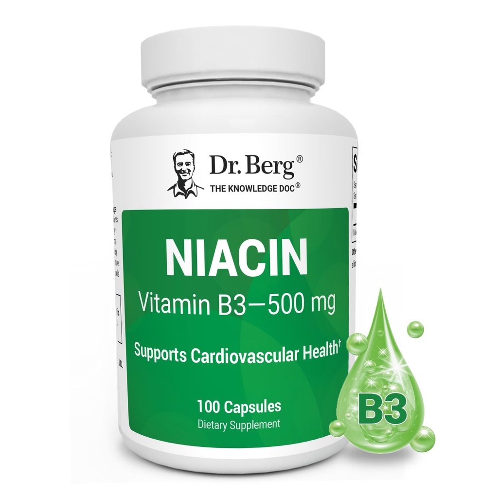 Dr. Berg Highly-Potent Niacin 500 mg – Now Only 125 mg per Capsule for Niacin Flush Tolerance Building – Gradually Increase to 500mg a Day – Vitamin B3 for Heart, Brain & Energy Support – 100 Capsules