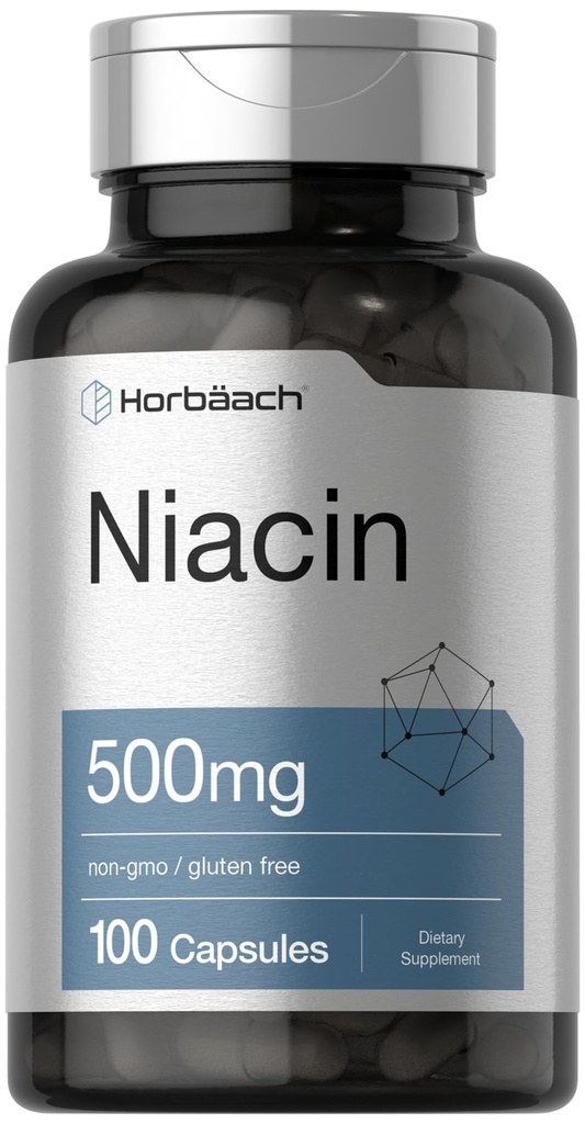 Horbäach Niacin | Vitamin B3 500mg | 100 Capsules | with Flushing | Non-GMO, and Gluten Free Supplement
