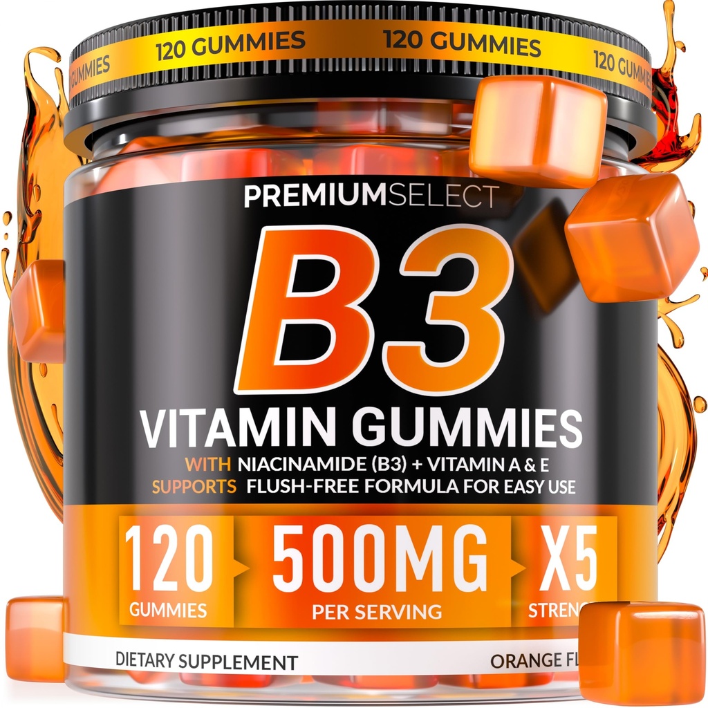 Vitamin B3 Gummies Niacinamide 500mg – Flush-Free Niacin Supplement with Vitamins A & E – 120 Vegan Gummies for Adults – Non-GMO, Sugar-Free, Gluten-Free – 2-Month Supply