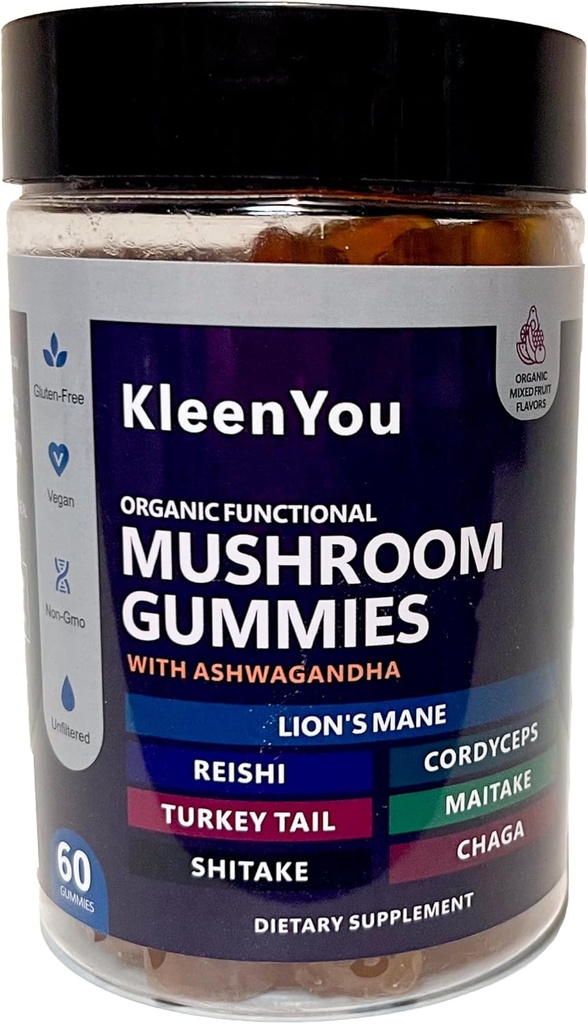 Gummies συμπλήρωμα Mane & Ashwagandha του Λιονταριού - Ολοκληρωμένο συμπλήρωμα μανιταριών για Γνωστική & Ανοσολογική Υποστήριξη, Vegan Blend με Reishi, Cordyceps - Low Carb, 60 Organic Mushroom Gummies