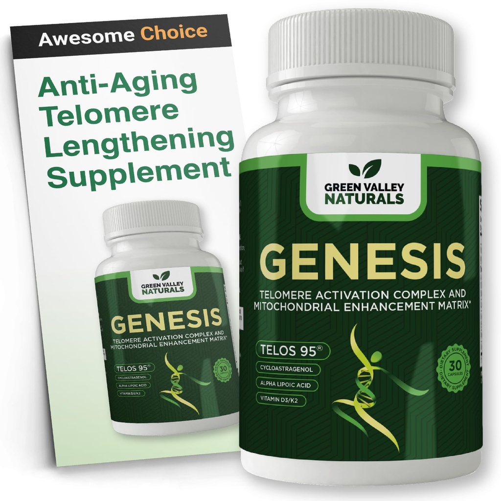 GREEN VALLEY NATURALS Genesis Telomere Length Supplement | Telos95® Astragalus Extract with CoQ10, Vitamins D3 & K2, Alpha Lipoic Acid & Grape Seed Cellular Wellness Formula | 30 Vegetarian Capsules