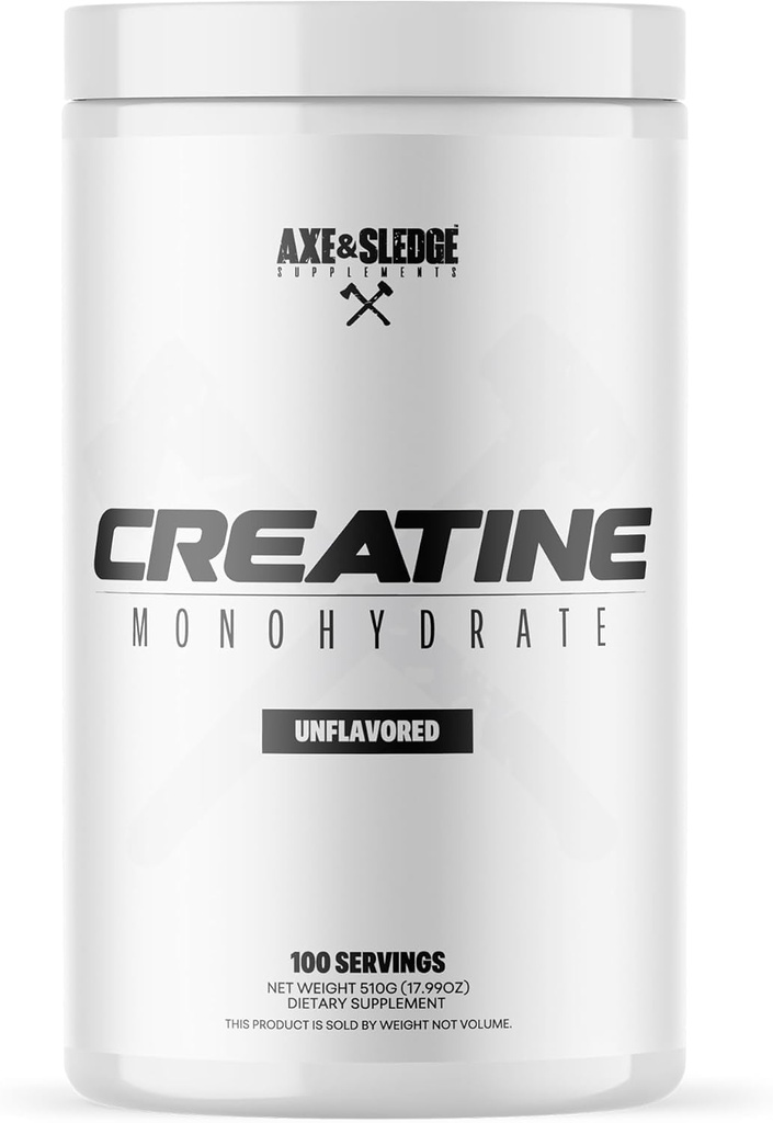 Axe & Sledge Basics Creatine | Unflavored, Enhances Strength & Performance, Increases Lean Body Mass, 50 Servings | Pure Creatine Monohydrate, No Fillers or Artificial Substances | 100 Servings