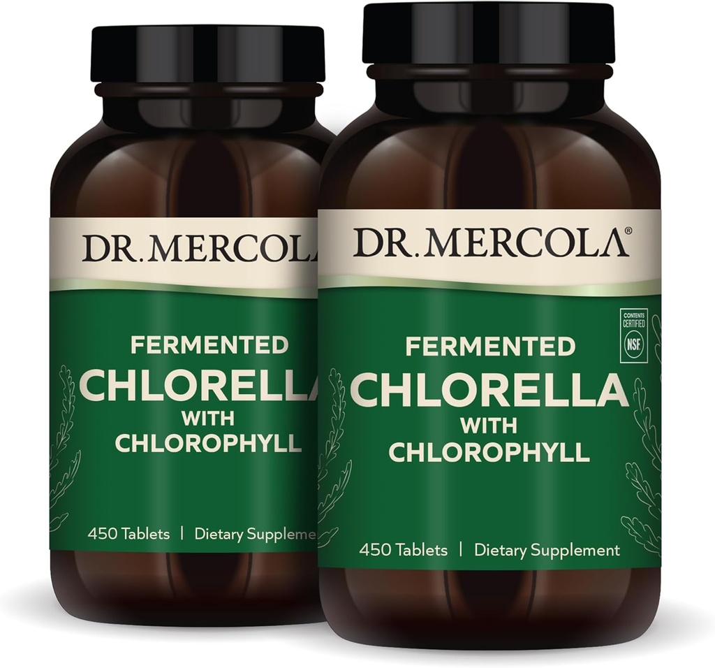 Dr. Mercola Fermented Chlorella with Chlorophyll, 90 σερβιρίσματα (450 δισκία), 2 μπουκάλια, συμπλήρωμα διατροφής, υποστηρίζει ανοσοποιητική και οργανική υγεία, μη ΓΤΟ, NSF Certified