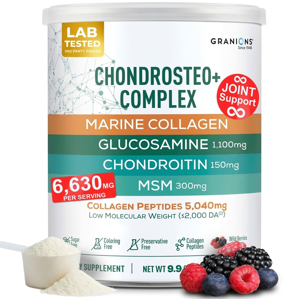 Granions Glucosamine Chondroitin MSM Powder 6,630mg - Joint Supplements for Men and Women - Chondrosteo, Hydrolyzed Marine Collagen Peptides, Essential Vitamins Glucosamine Complex - Wild Berry 9.9oz
