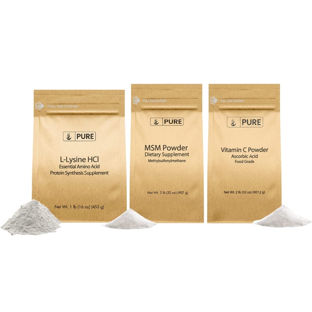 PURE ORIGINAL INGREDIENTS MSM, Vitamin C, and L-Lysine HCI Bundle, DIY, Supplements, Various Sizes