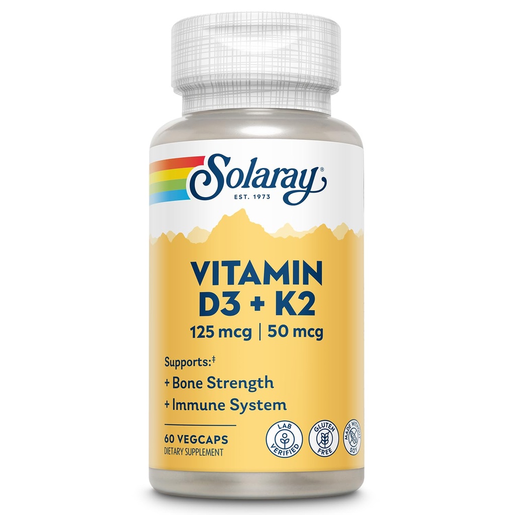 SOLARAY Vitamin D3 K2 - Συμπλήρωμα για την υγεία των οστών και το ανοσοποιητικό - με 5000 IU βιταμίνης D ως VIT D3 και 50 mcg βιταμίνης K2 ως Menoquinone MK7, Made Without Soy, 60-Day εγγύηση, 60 Serv, 60 VegCaps