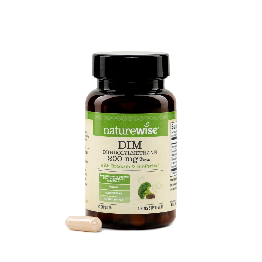 NatureWise DIM Diindolylmethane 200mg - Broccoli & BioPerine Black Pepper Extract - DIM Supplement for Women & Men - Hormone & Estrogen Support - Vegan - USA Manufactured - 60 Capsules[60-Day Supply]